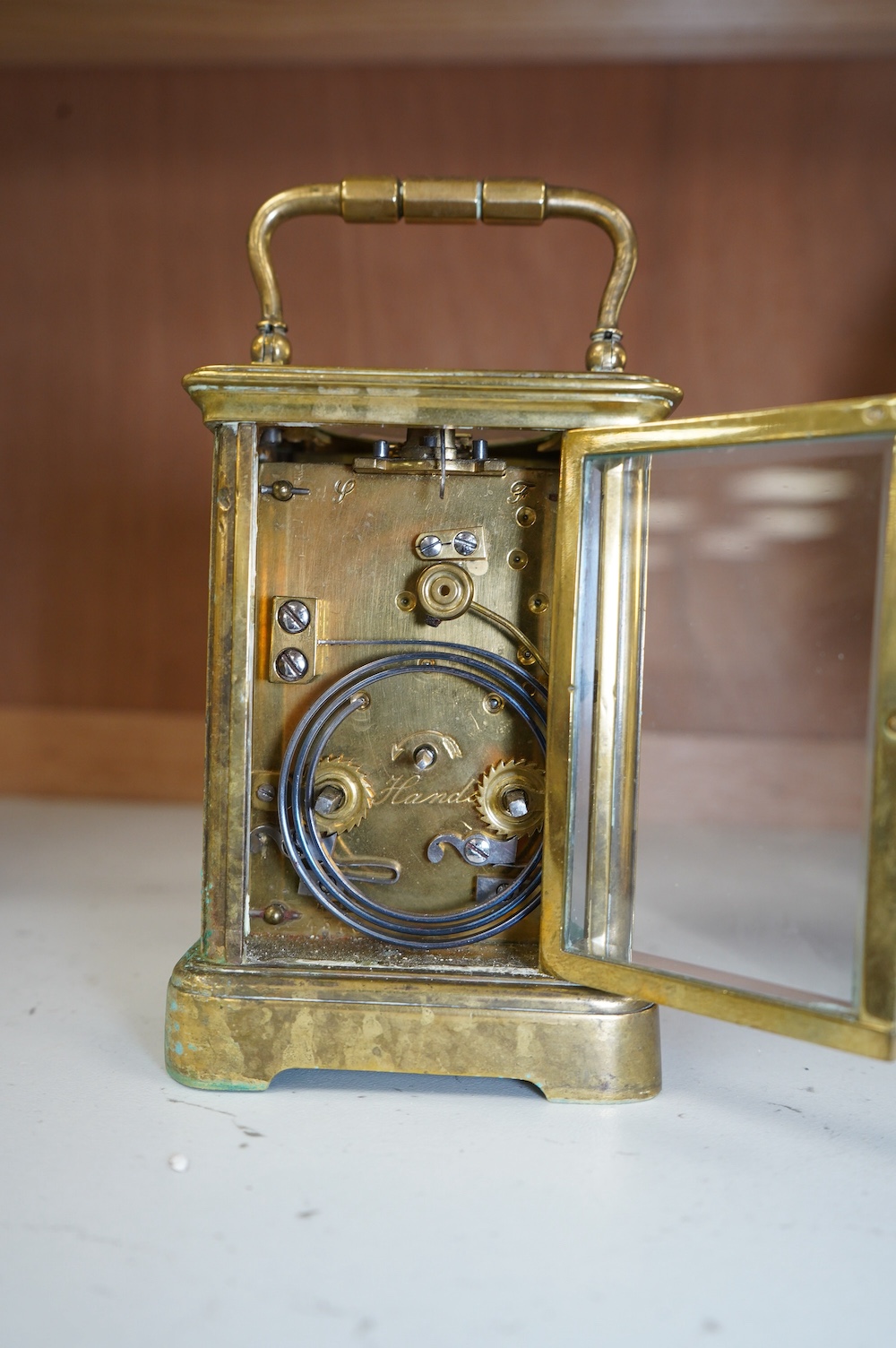 A late 19th century French brass cased eight day carriage clock, 11cm high. Condition - fair, would benefit from a clean, not tested